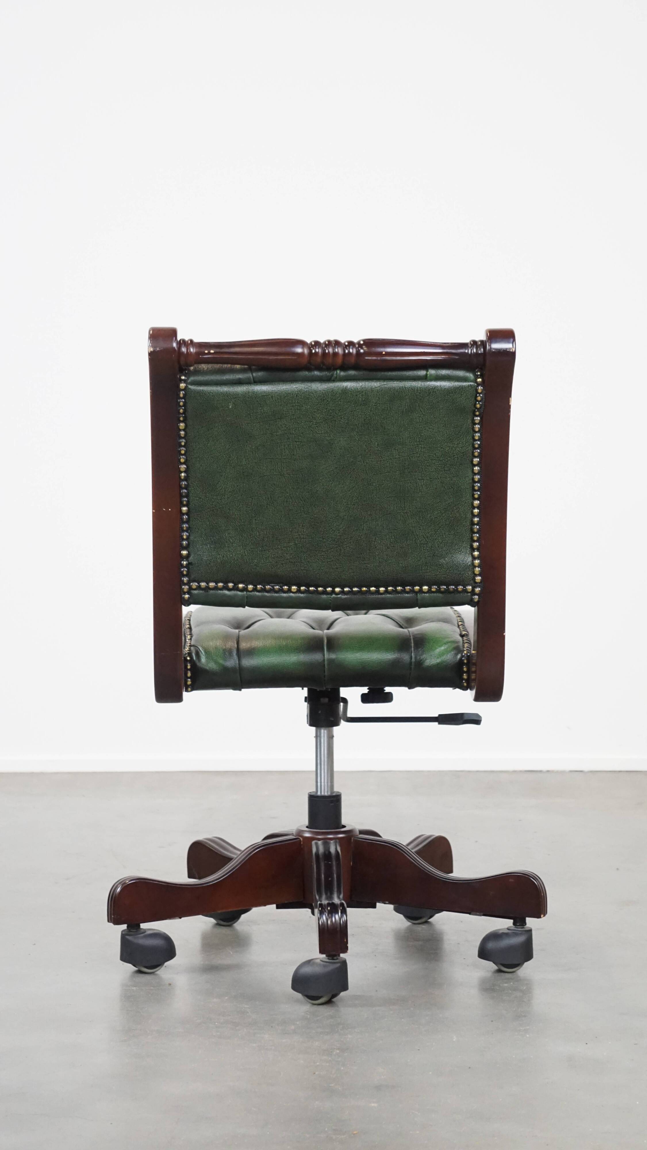 English Chesterfield office chair in green leather, height adjustable on casters