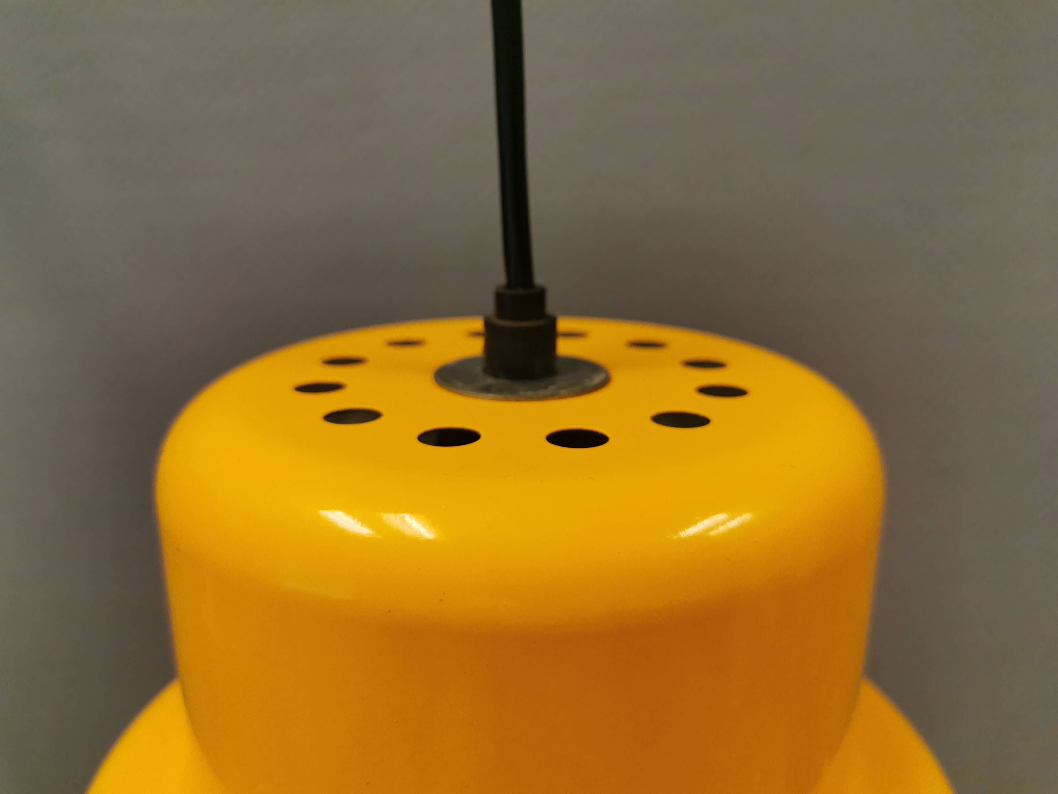 Mini poker hanging lamp in beautiful original sunny yellow color, designed by Jo Hammerborg 1977