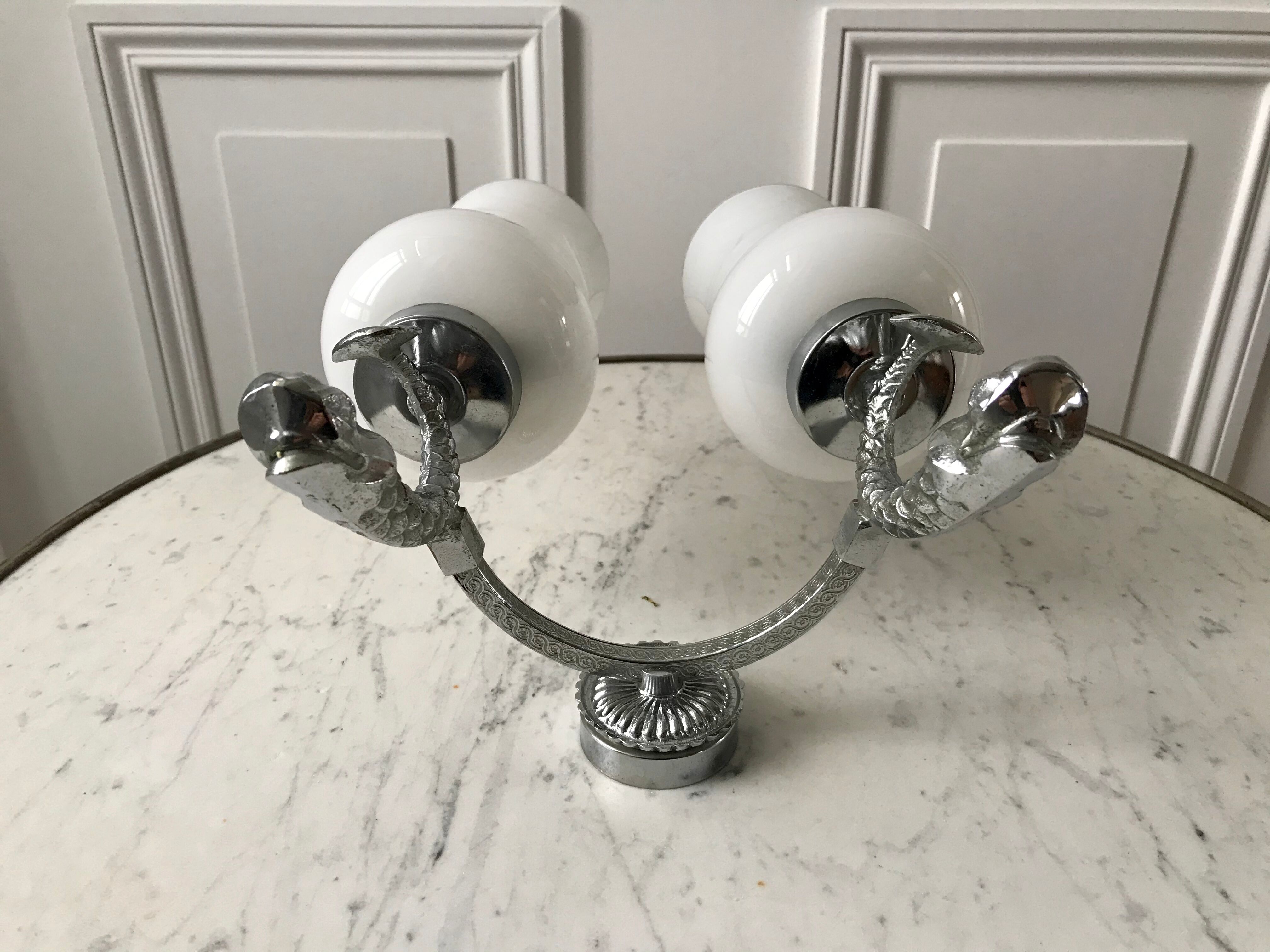 Duo of wall lamps in chrome metal and Opalines Japanese 50s
