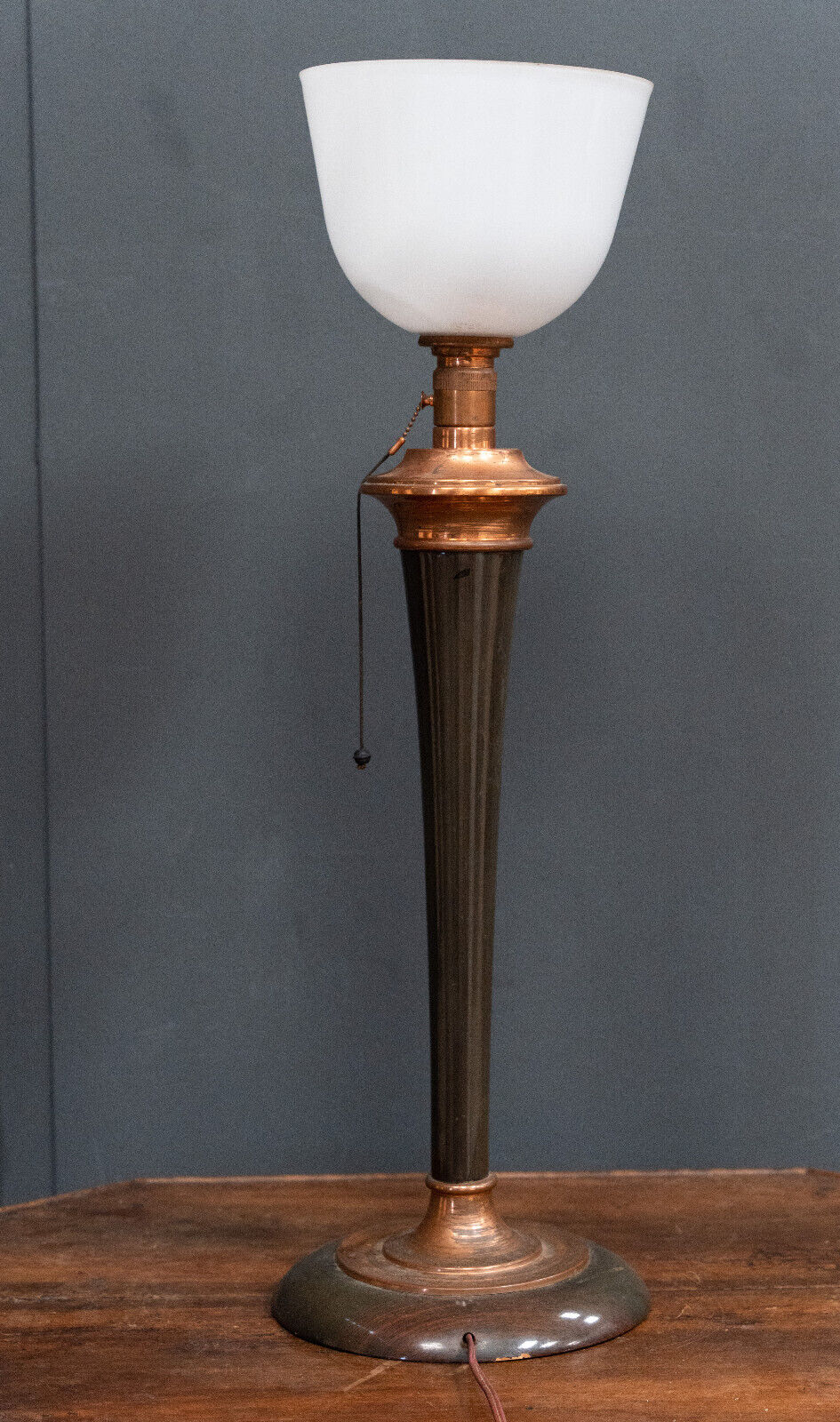 White Mazda opaline lamp on stand in wood and brass