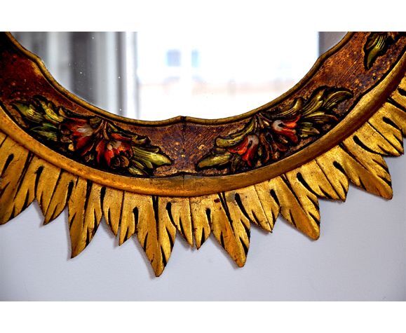 Golden wooden sun mirror, France, 1980, 70cm