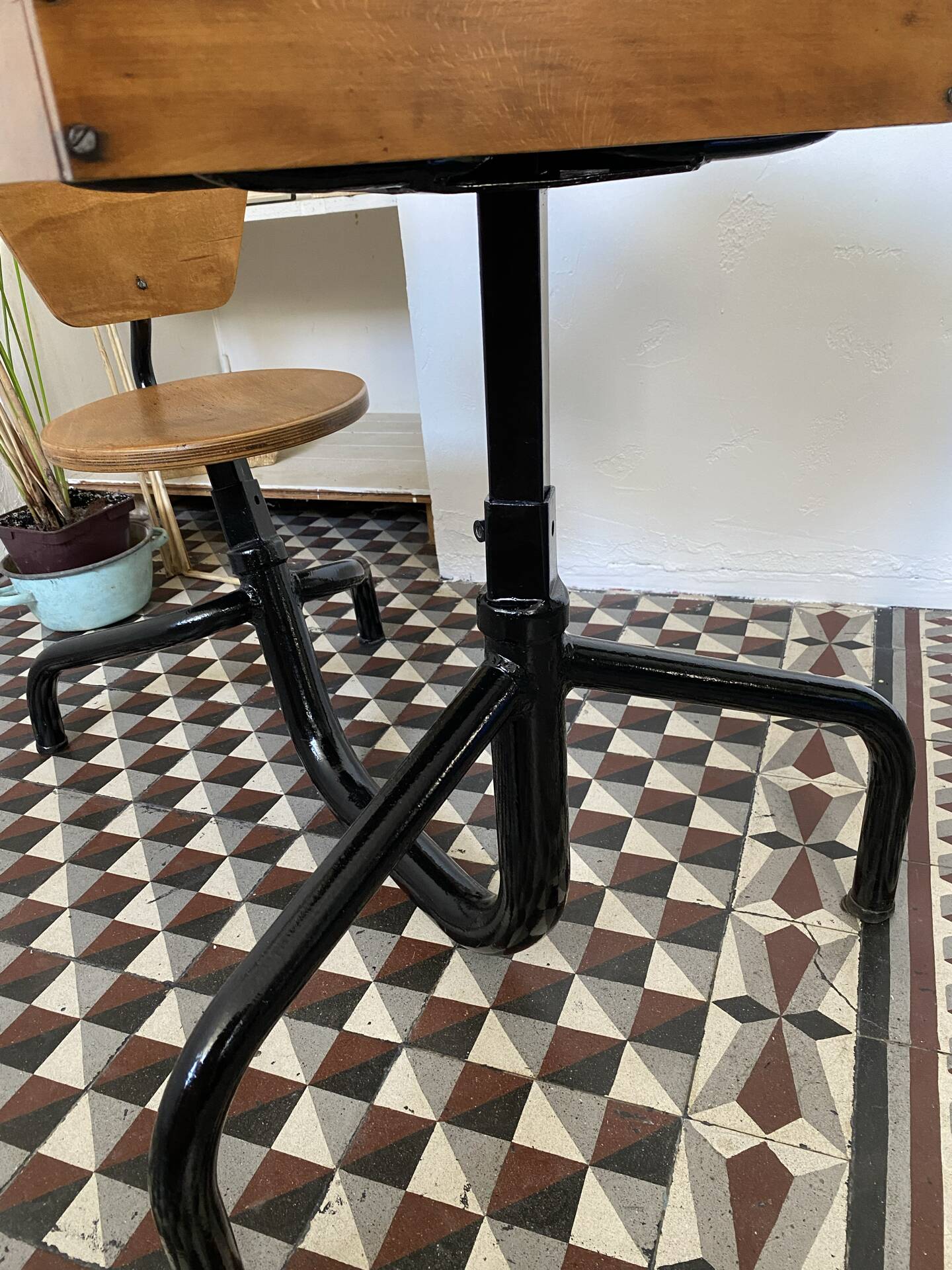 Old school desk with integrated chair – oak and metal – year