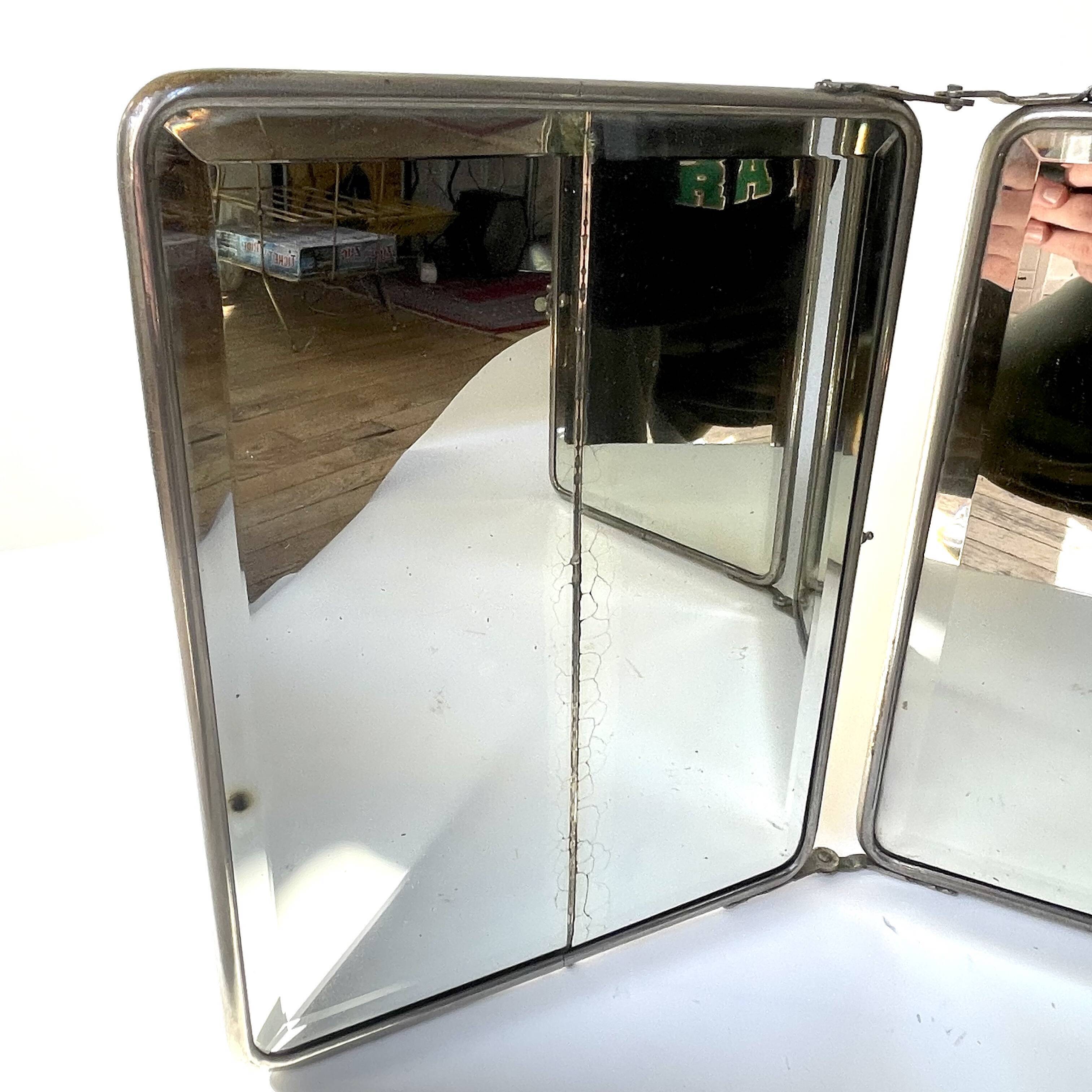 Barber's triptych mirror, beveled ice, vintage 1950