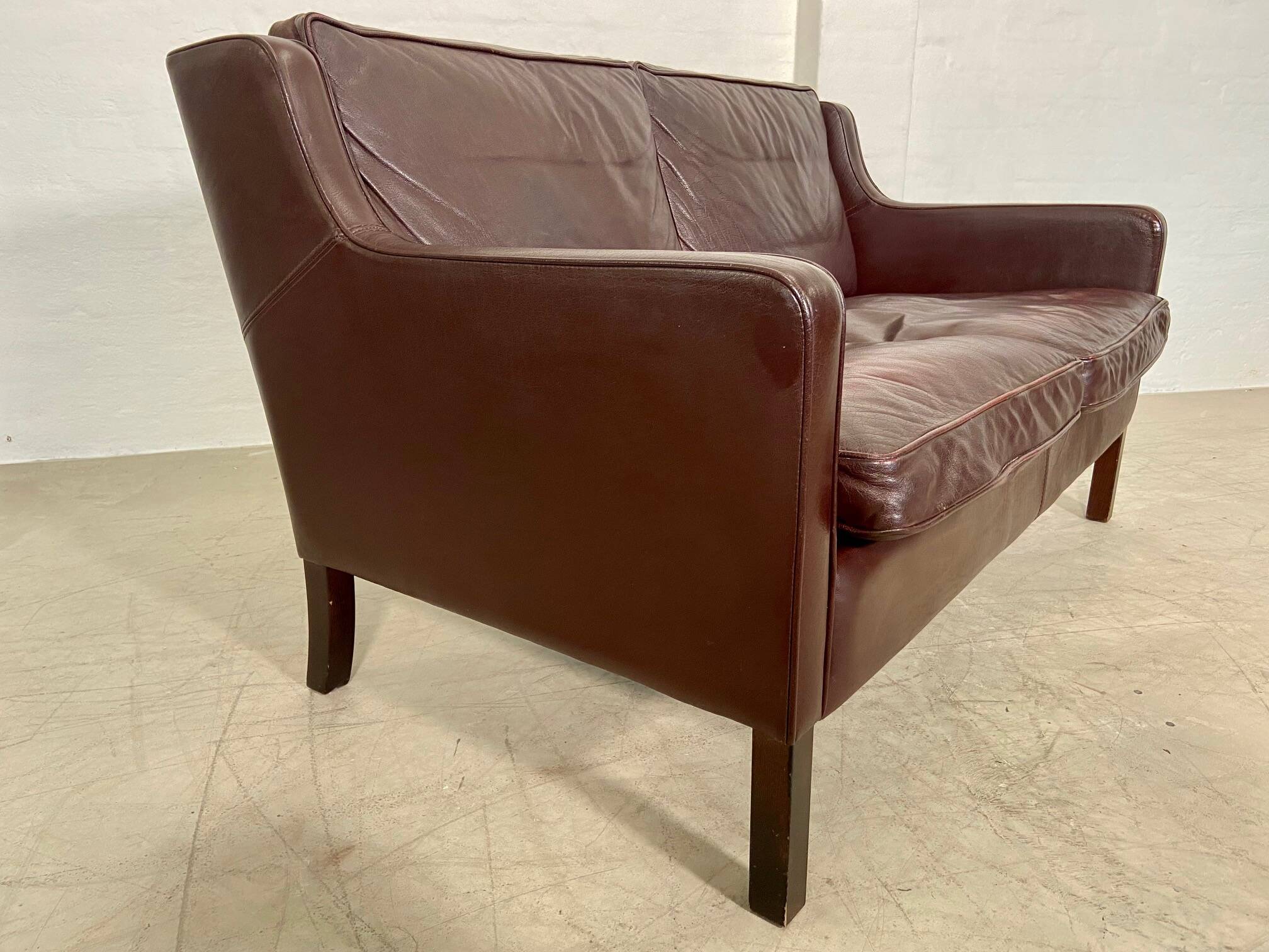 Vintage danish mid century dark cognac leather 2 seater stouby sofa