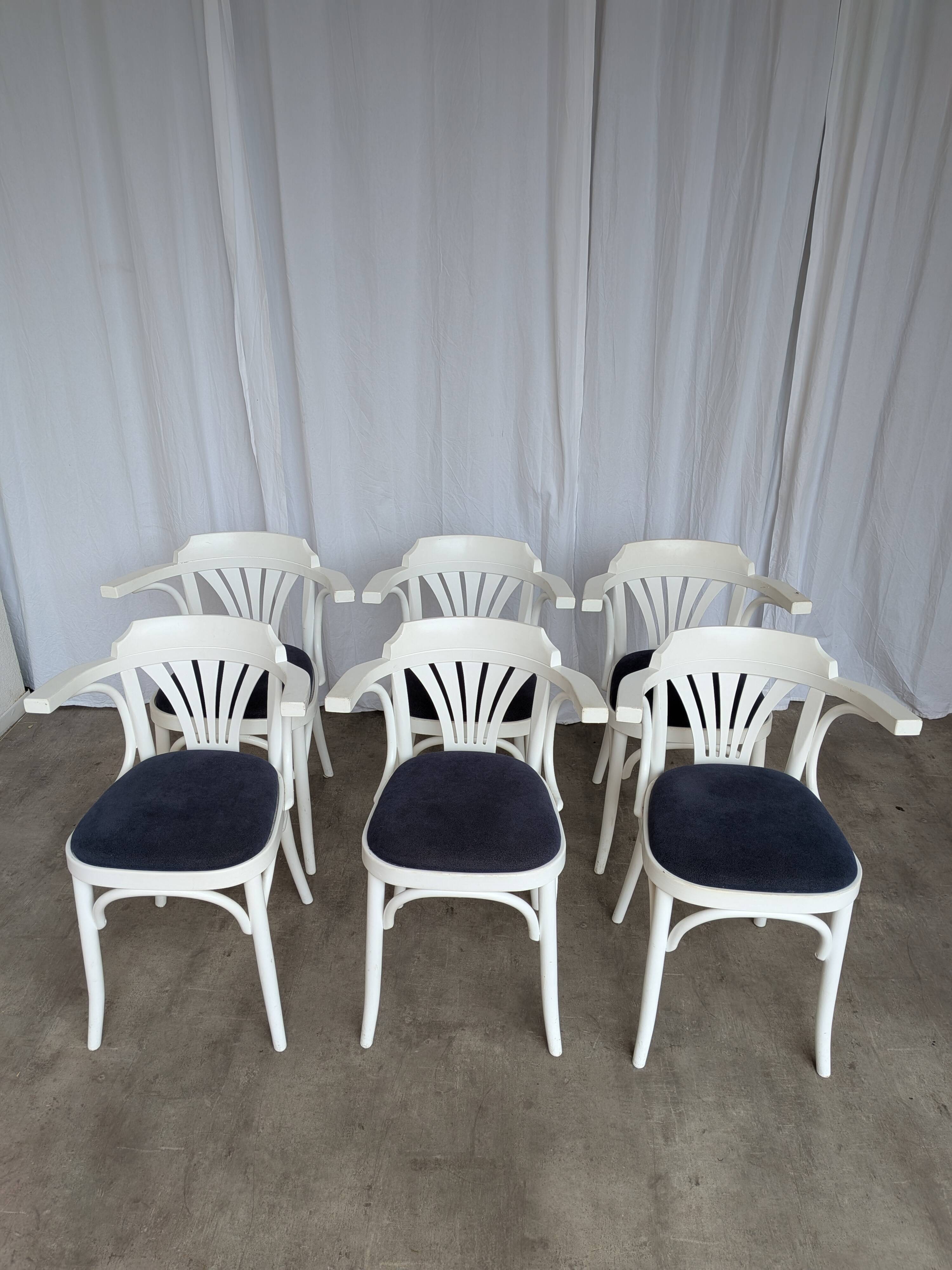 Ensemble de 6 chaises de salle à manger vintage en bois courbé blanc / fauteuil de style Thonet des années 1970