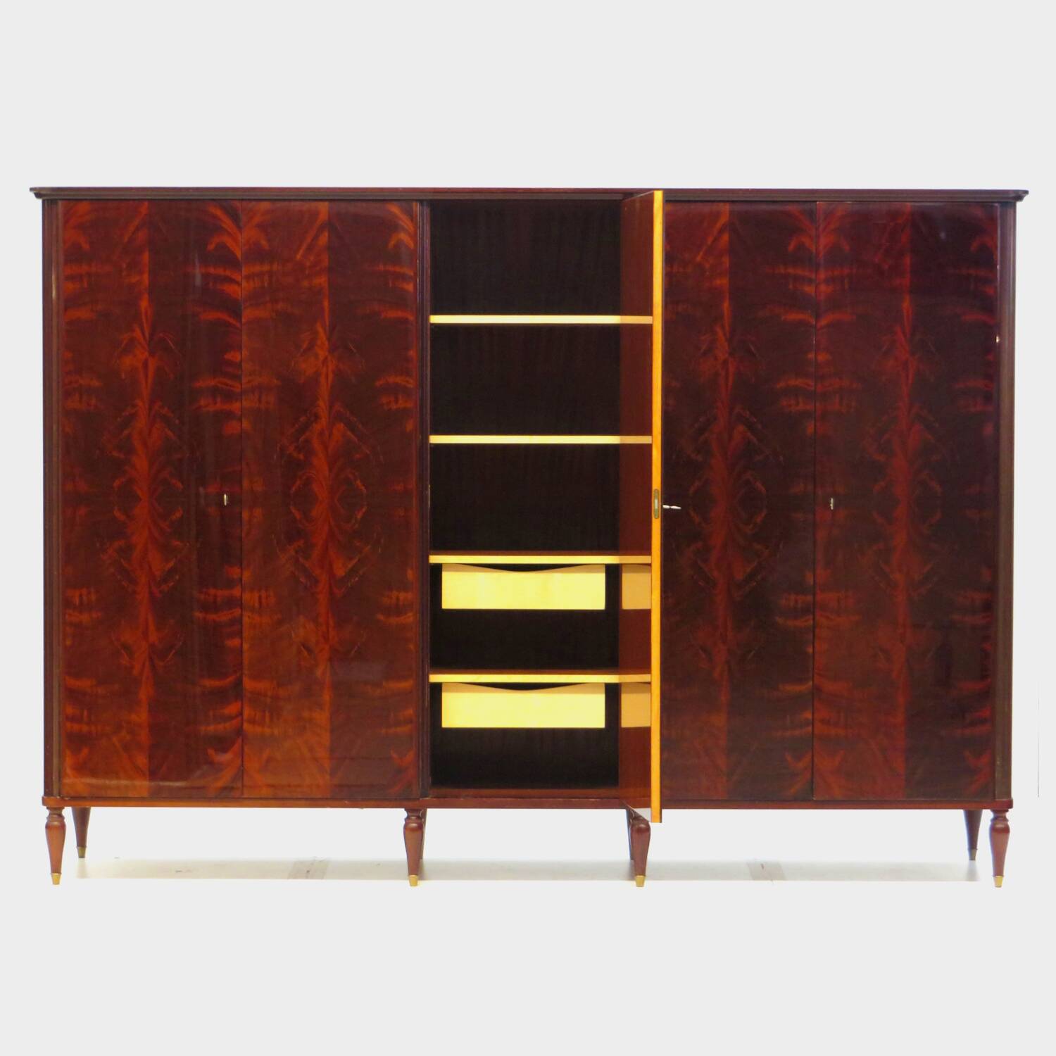 Grande armoire vintage Art Déco à 5 portes en acajou flammé, années 1920