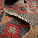 Handwoven vintage kilim rug grey pink wool carpet area rug- 147x342cm