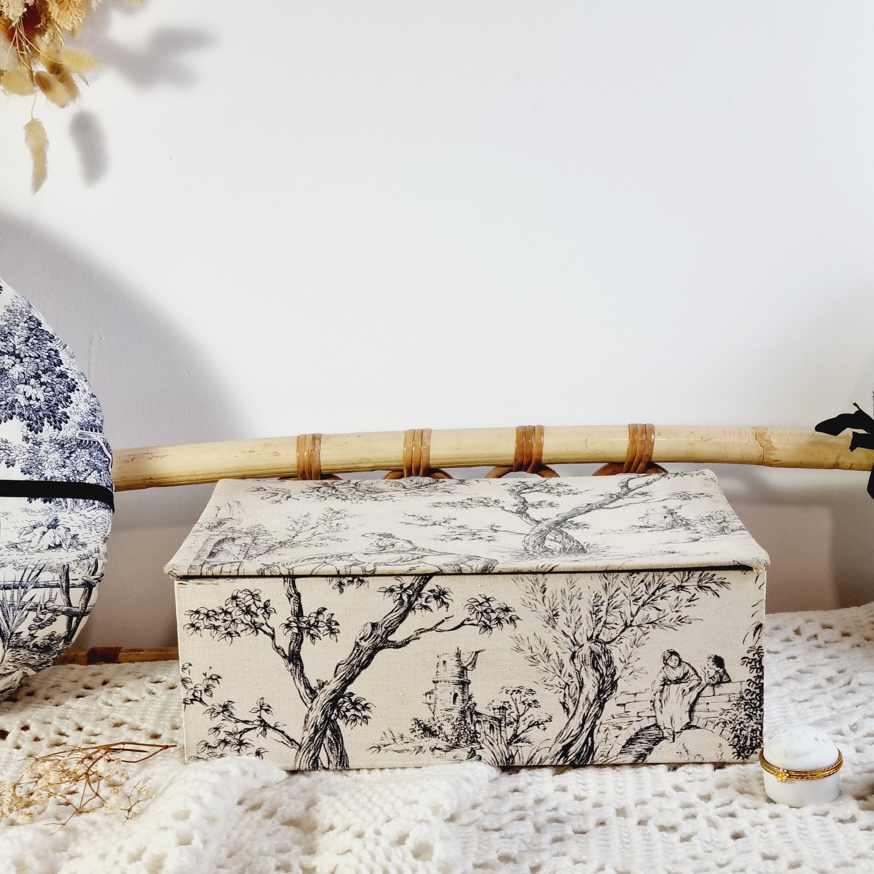 Large antique box made of toile de jouy