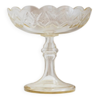 Clear crystal glass salad bowl on pedestal, Italian Art Nouveau 1910s with amber tint