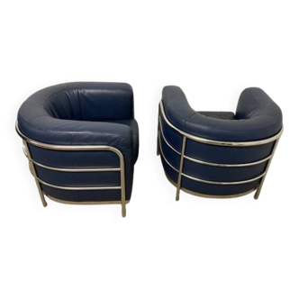 2 fauteuils Onda, design de Johan de Pas et Poalo Lomazzi pour Zanotta Italie en cuir bleu