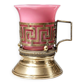 Antique pink opaline and gilded brass cup holder/candle holder, 19th century