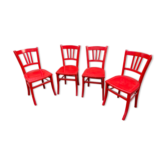 Set de 4 chaises françaises de café shabby chic red painted Vintage 1950s