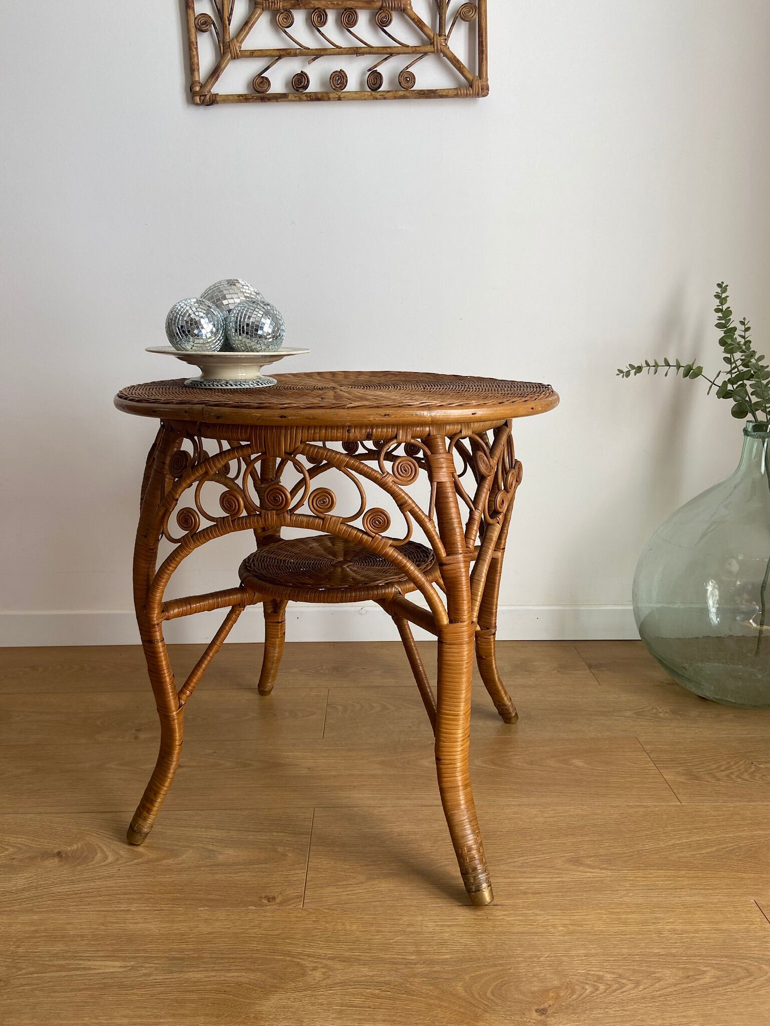 VINTAGE RATTAN SIDE TABLE PEACOCK PATTERN