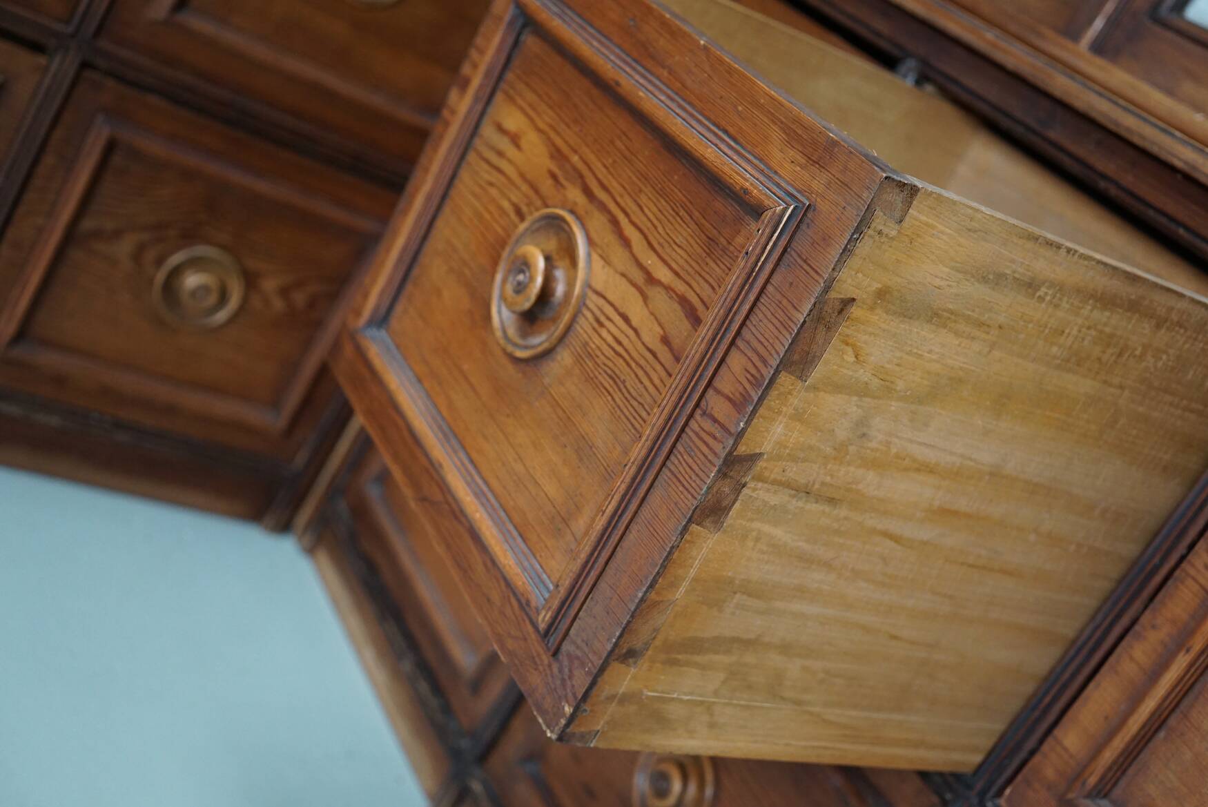 Large Antique German Pitch Pine Corner Apothecary Cabinet / Vitrine ca 1900s