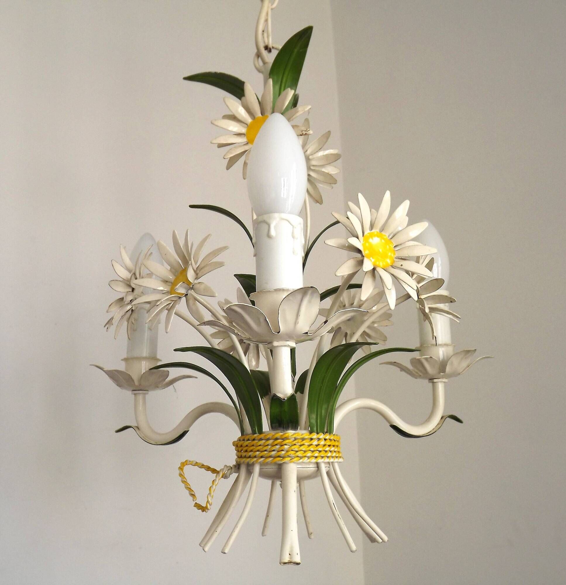 French Vintage Tied Bouquet Style Daisy Flower 3 Light Chandelier