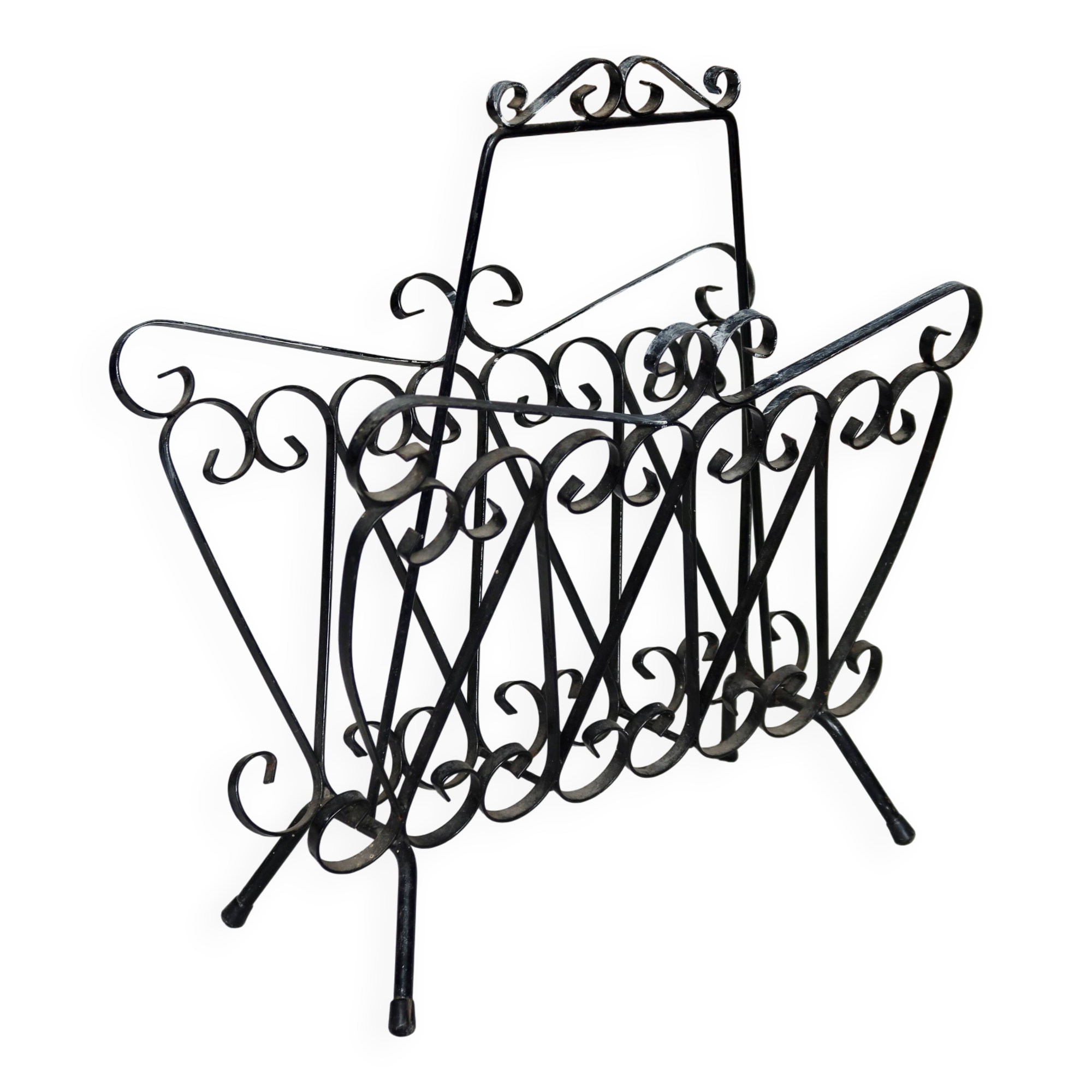 Vintage black metal scroll magazine rack
