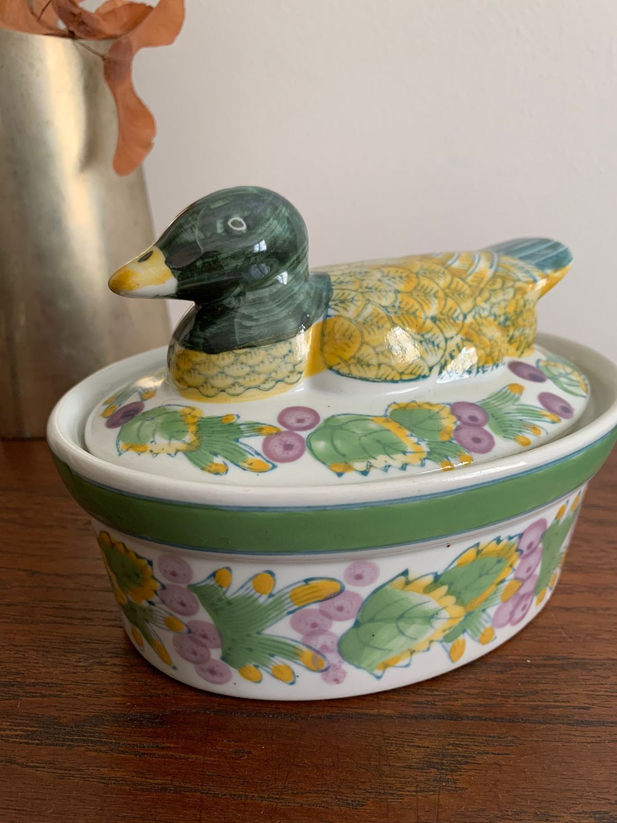 Barbotine terrine dish duck vintage 1970