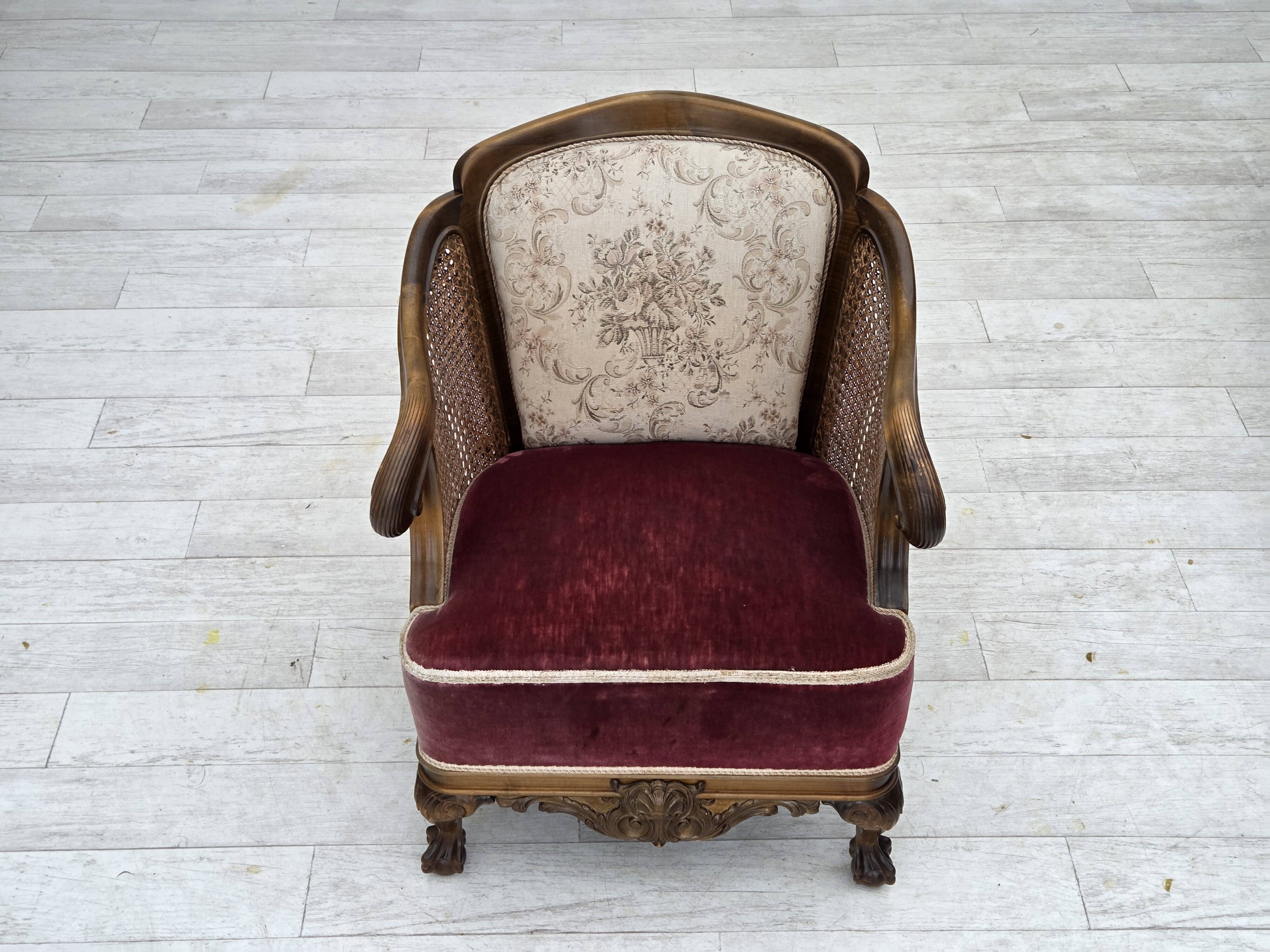 1940s, Danish armchair, woven wool, velour, mesh, carved oak wood.