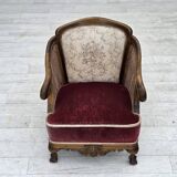 1940s, Danish armchair, woven wool, velour, mesh, carved oak wood.