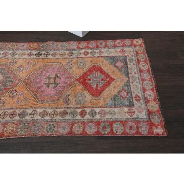 Vintage Turkish Oushak Handmade Wool Cotton Orange Runner Rug 73x311