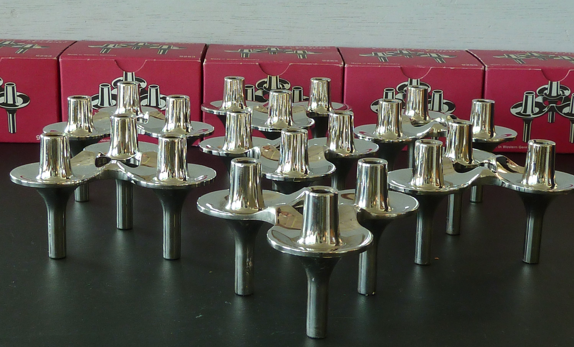 Rare set of 7 BMF Orion type Nagel candlesticks with box