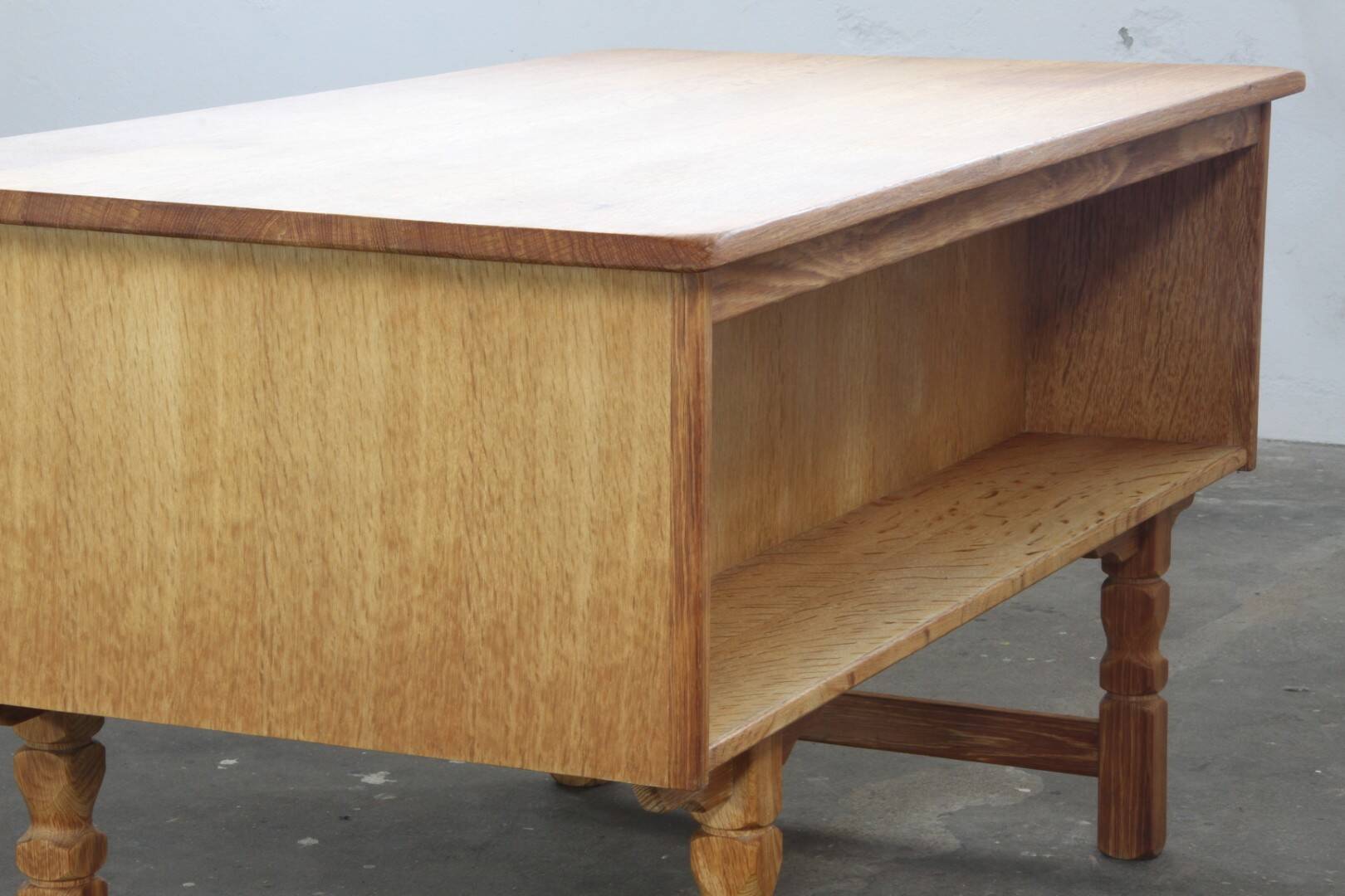 Vintage Mid-Century Oak Desk with 6 Drawers, Open Back, Kjærnulf Style