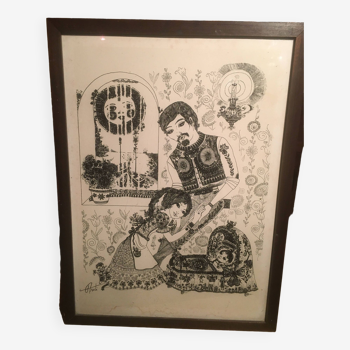 Illustration/signed paper print, framed, 60s/70s