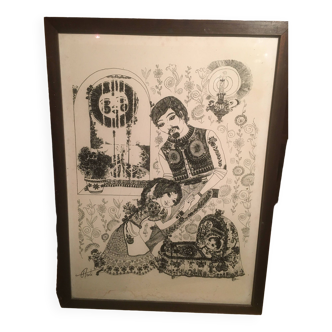 Illustration/signed paper print, framed, 60s/70s