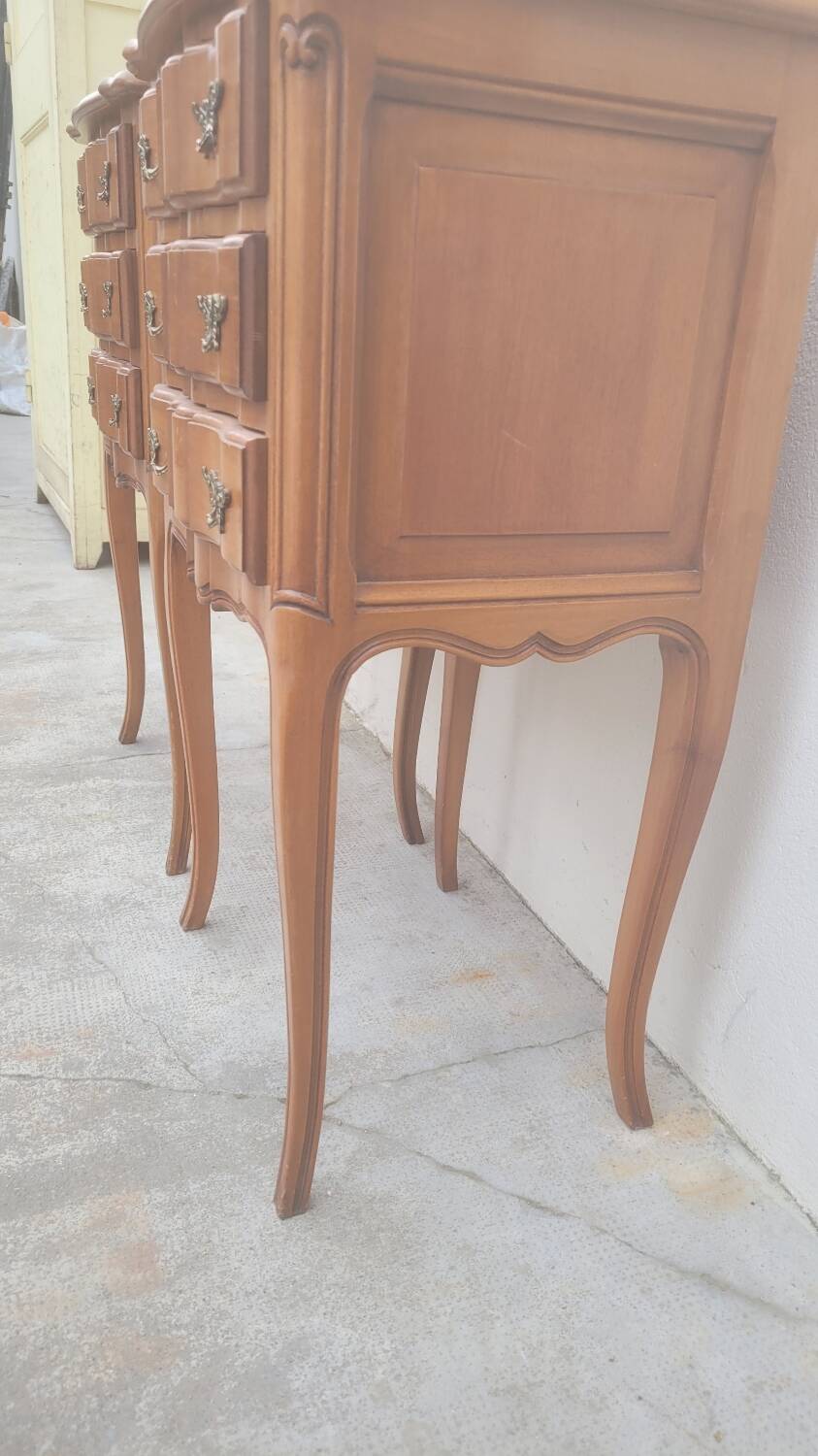 Pair of Louis xv style bedside tables in cherry wood, 3 drawers