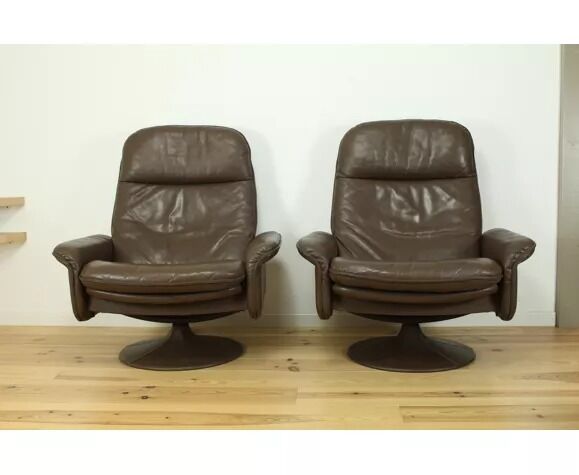 Paire de fauteuils et ottoman DS50 cuir De Sede pied tulipe gainé, rotatifs