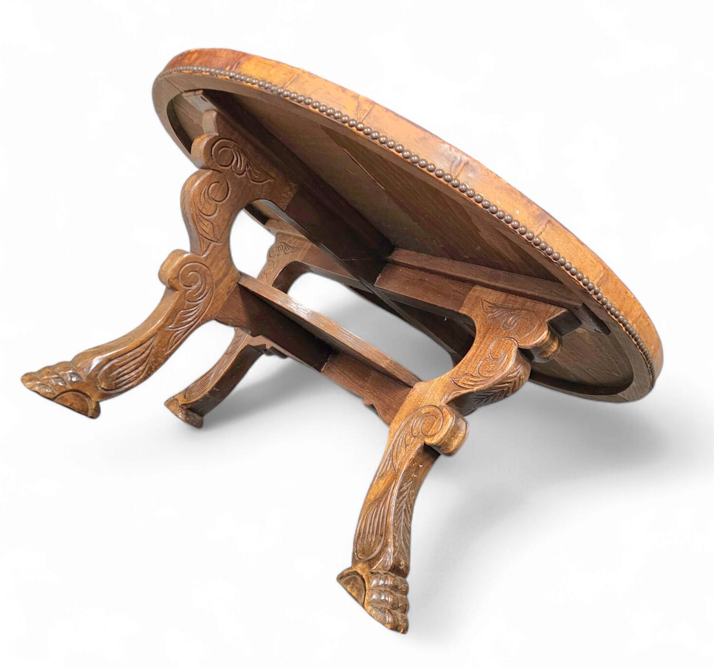 Mid-Century Coffee Table in Solid Wood and Patinated Cognac Leather