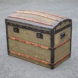 Antique trunk made of burlap and iron, storage suitcase