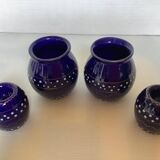 Pair of small enamelled cobalt blue candlesticks and vases