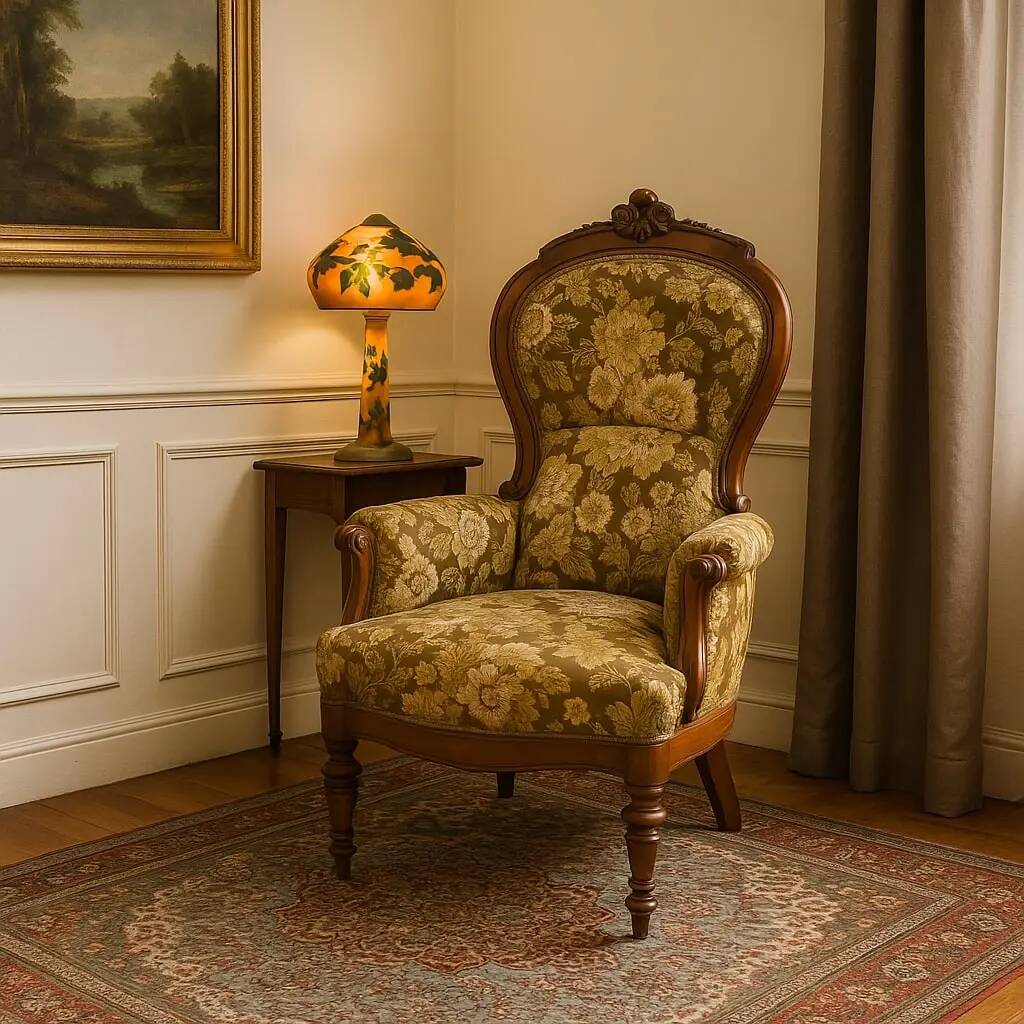 Fauteuil ancien umbertin en noyer et tissu, Italie, XIX Century