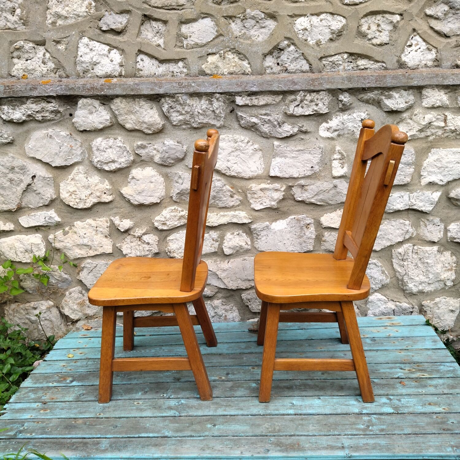 Pair of neo-rustic 60s solid wood chairs