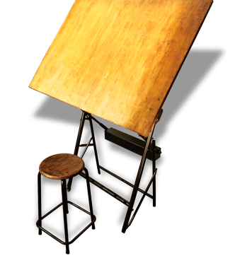 Table à dessin architecte Sautereau Paris 1950 fonte avec tabouret