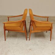 Pair of Czech armchairs in mustard flecked fabric, 1960.