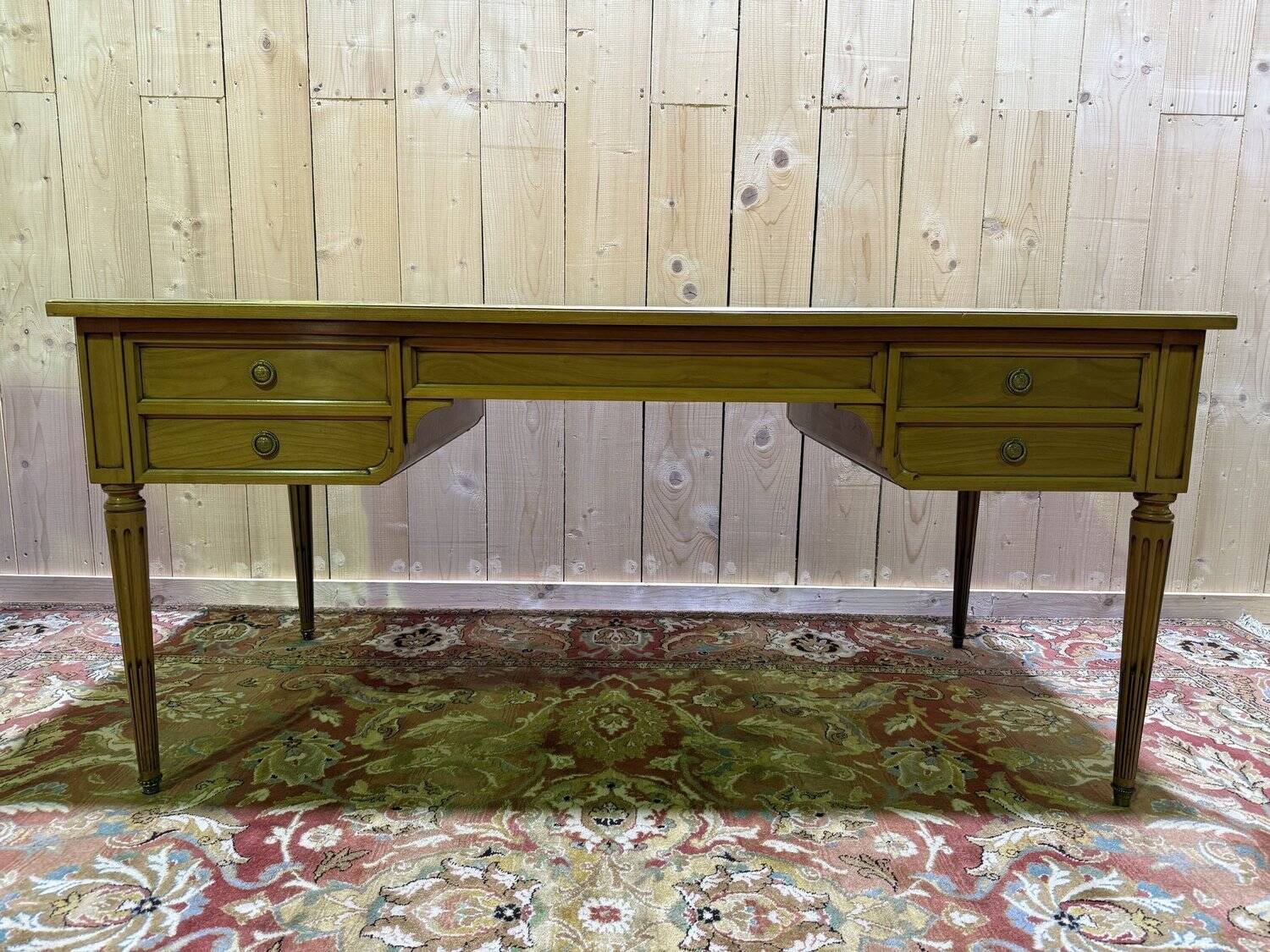 Louis XVI style flat desk in cherry wood and leather