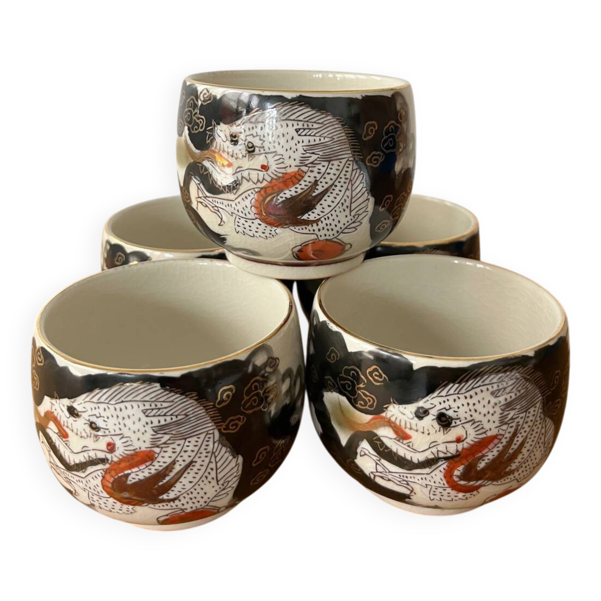 Set of 5 Asian "Dragon" tea cups