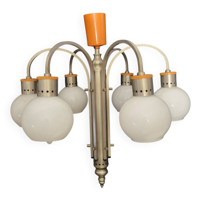 Lustre Space Age chromé et globes en verre opalin, Italie 1960-70