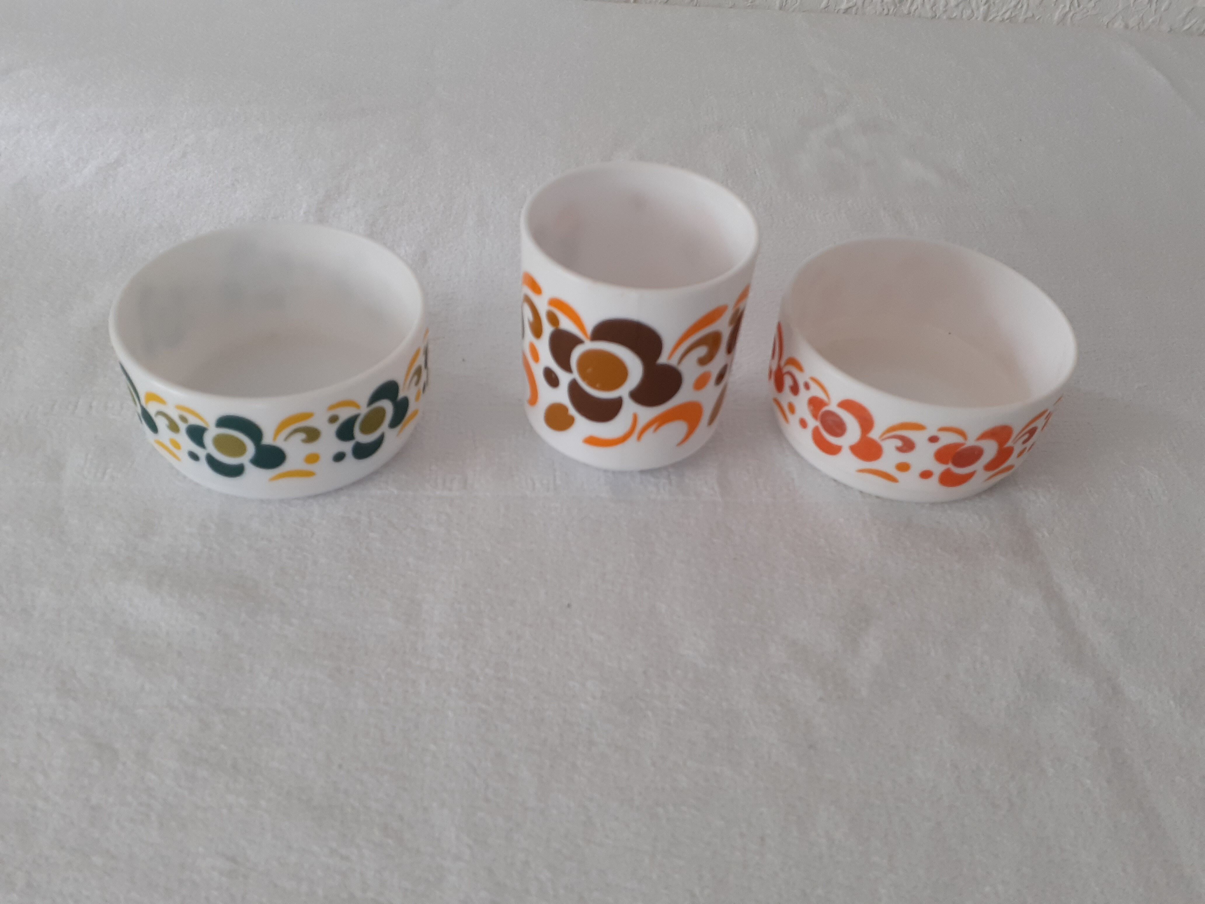 3 pieces lotus Arcopal 2 ramekins cups and 1 mug orange brown green vintage