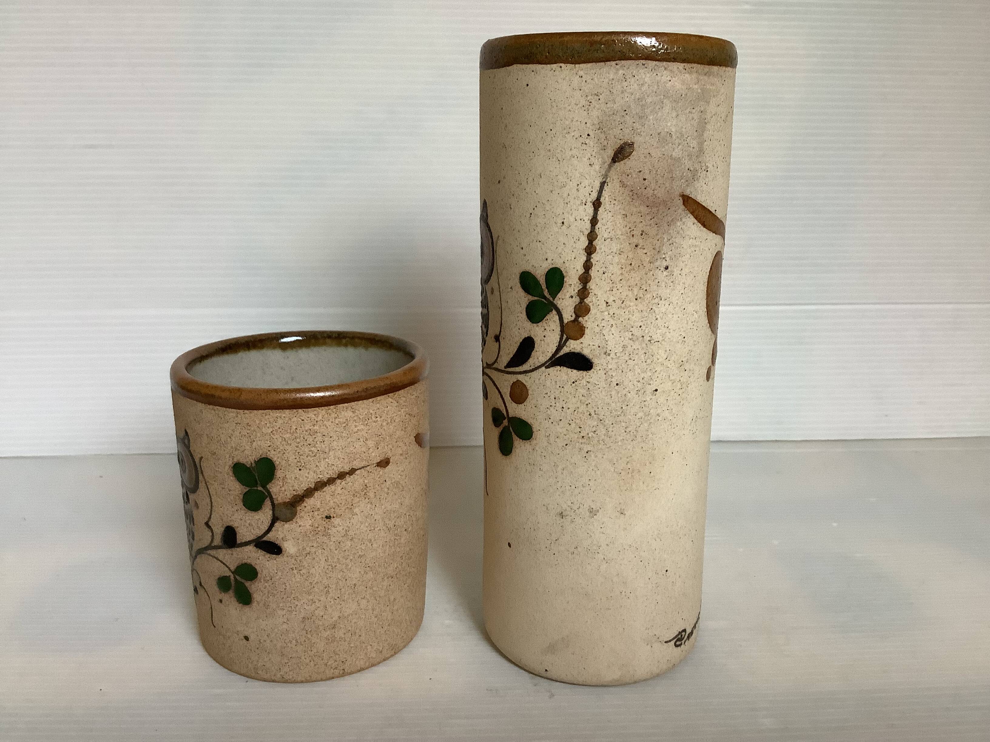 Pair of Mexican Tonala owl scroll vases