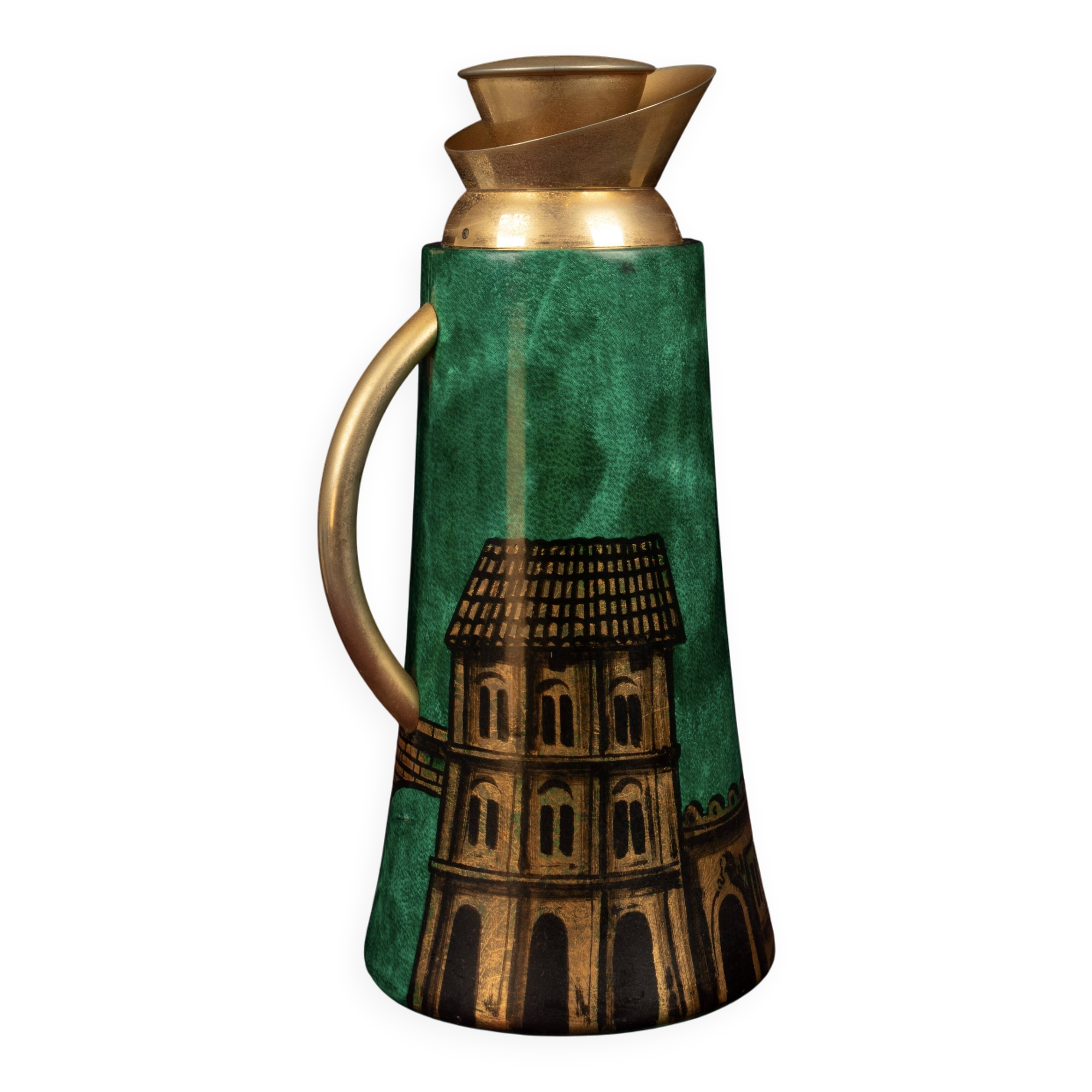 Aldo Tura Mod. 968D Hand-Decorated Green Goatskin Parchment Thermos Italy 1960