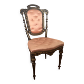 Petite chaise de chambre Napoléon III en bois noirci en satin capitonné rose