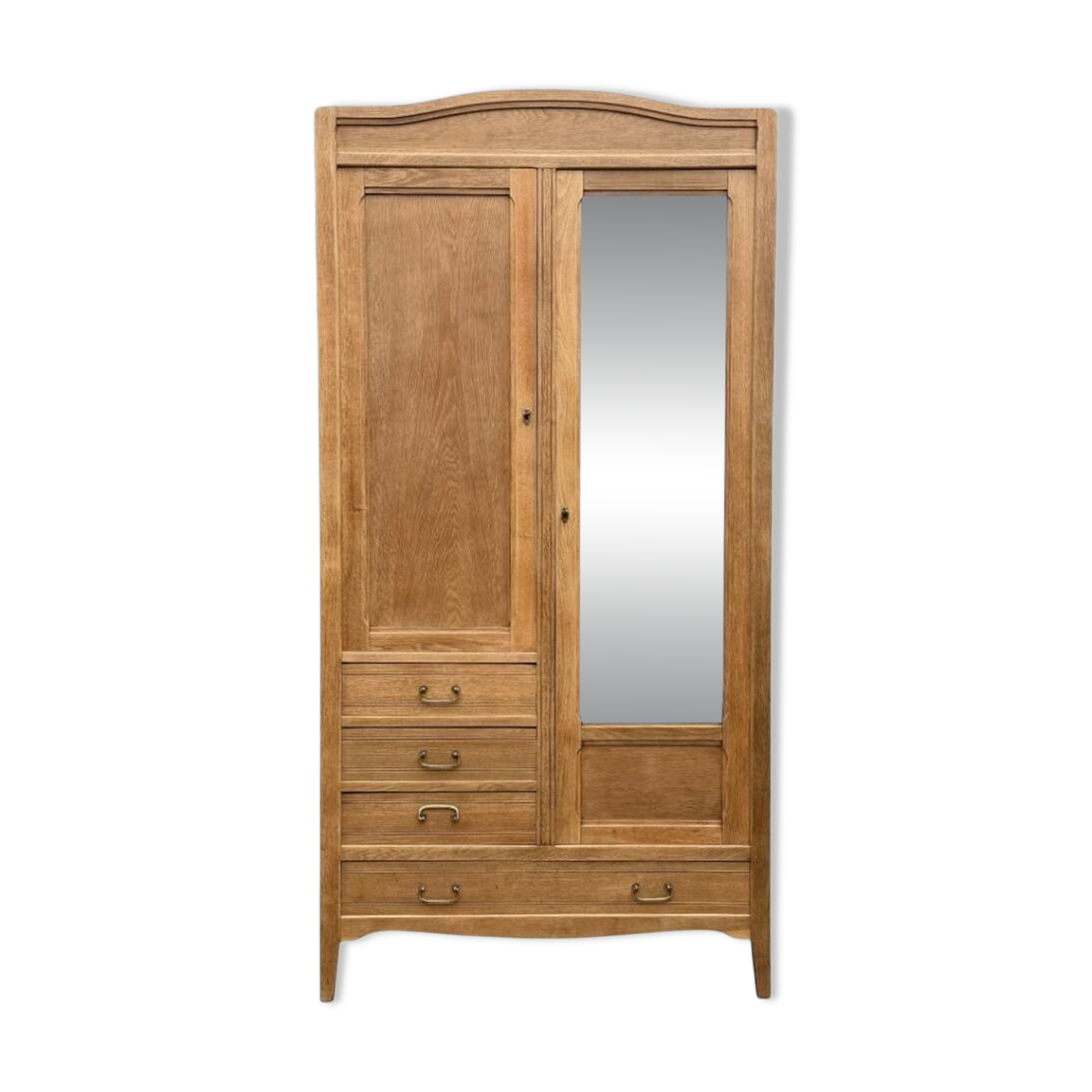 Parisian hotel wardrobe with bevelled mirror, solid raw oak, 1920.