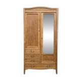 Parisian hotel wardrobe with bevelled mirror, solid raw oak, 1920.