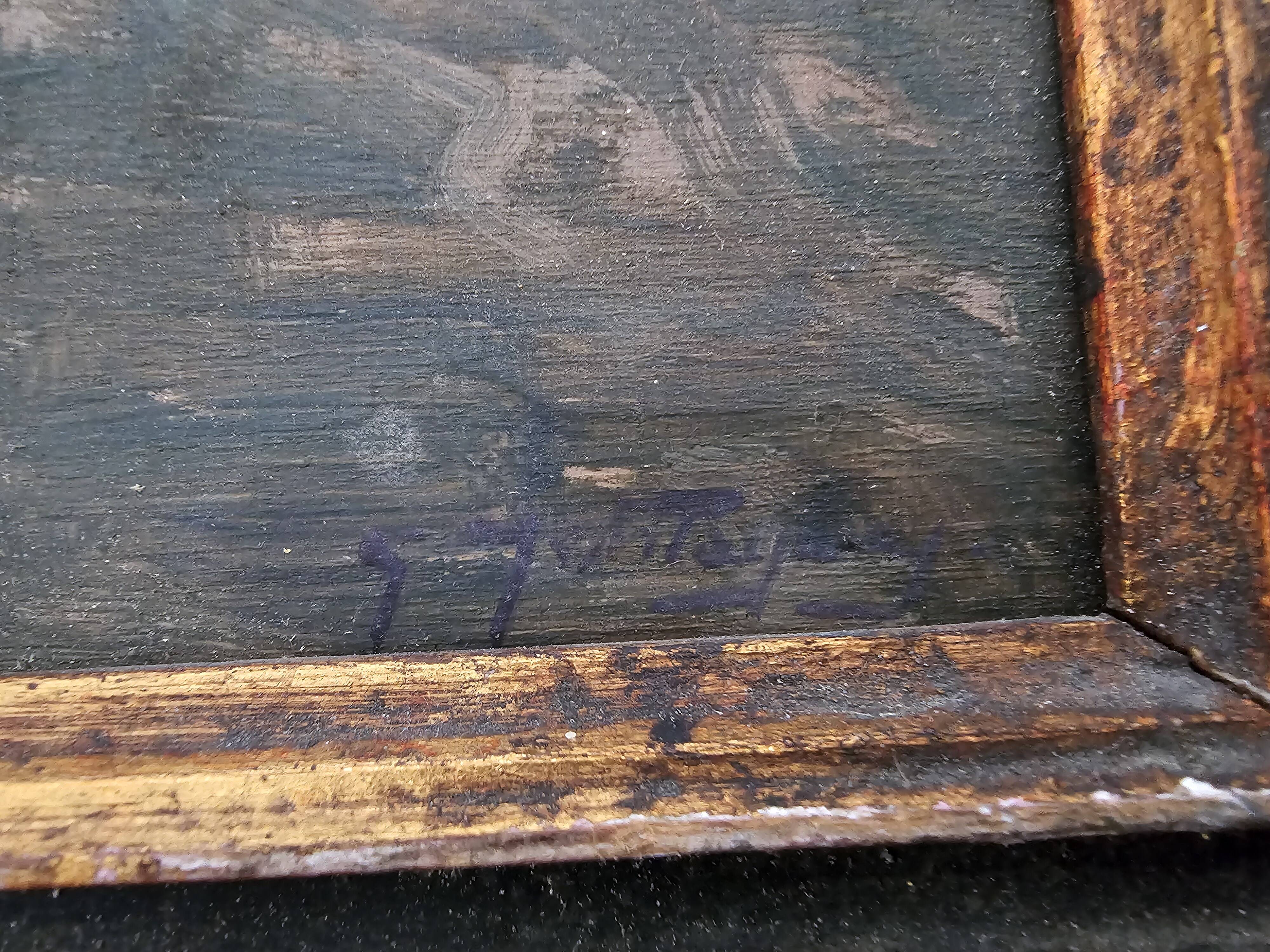 Oil on Panel Painting Animated Landscape Village Signed Gaëtan MONTAGNEY 1888