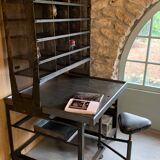 Steel postal sorting with stripped stool - patinated graphite 1950