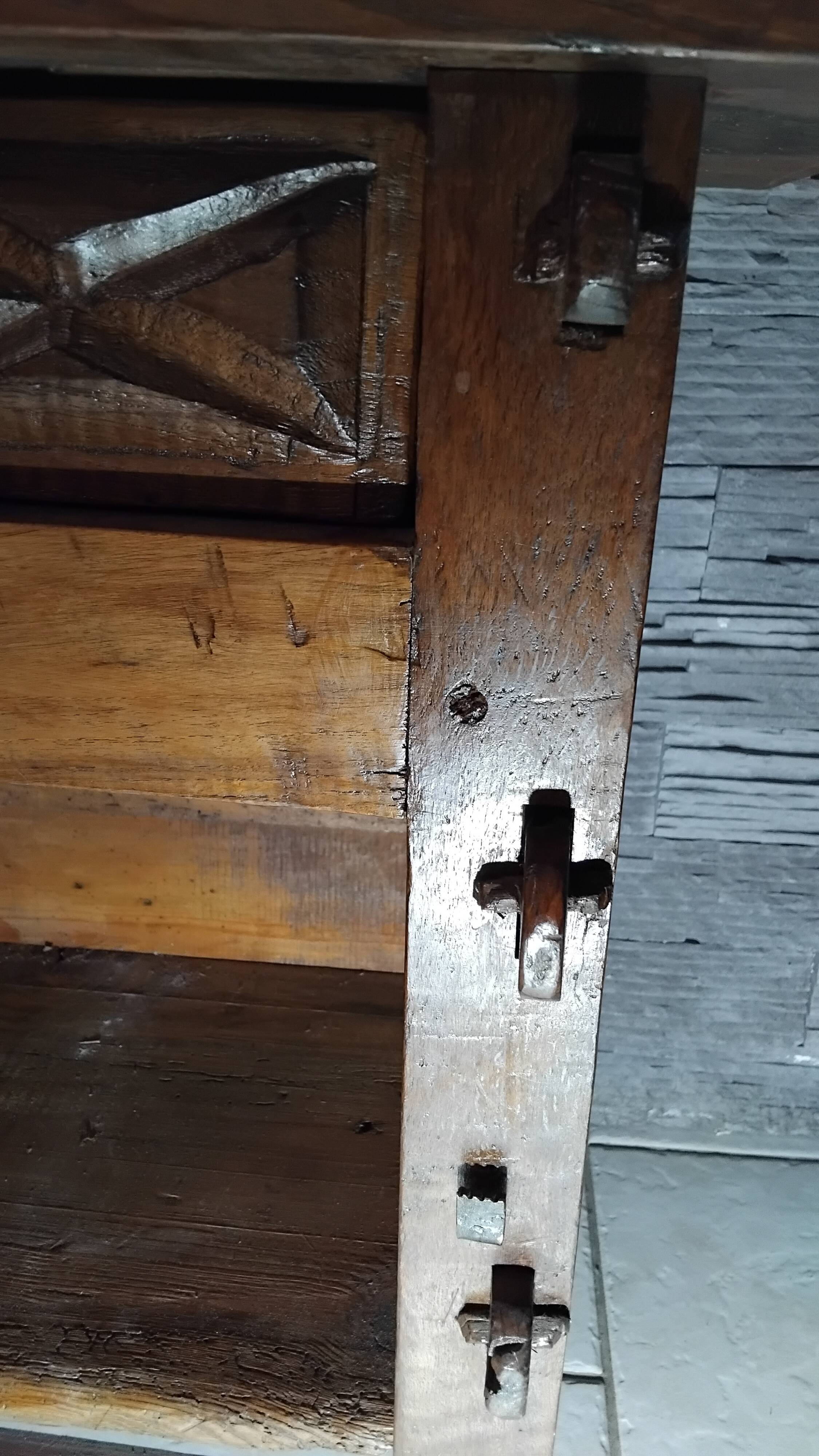 Small vintage brutalist solid oak jam cupboard with wrought iron trim