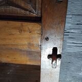 Small vintage brutalist solid oak jam cupboard with wrought iron trim